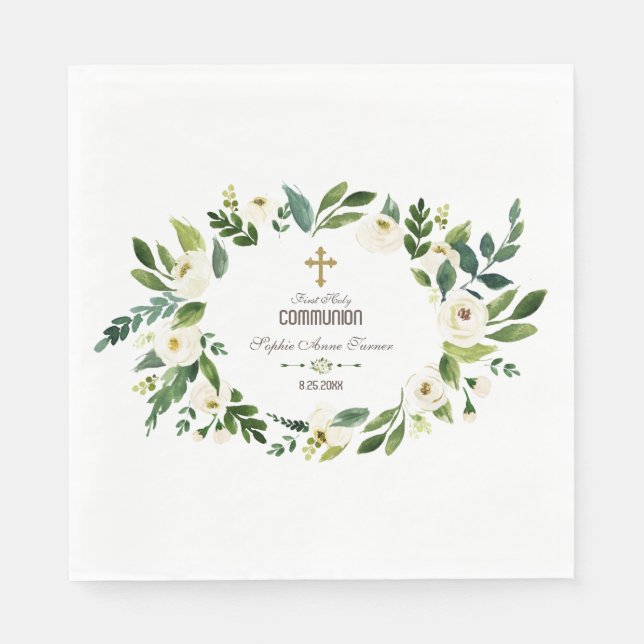 Charming White Floral Wreath Holy Communion Napkin (Front)