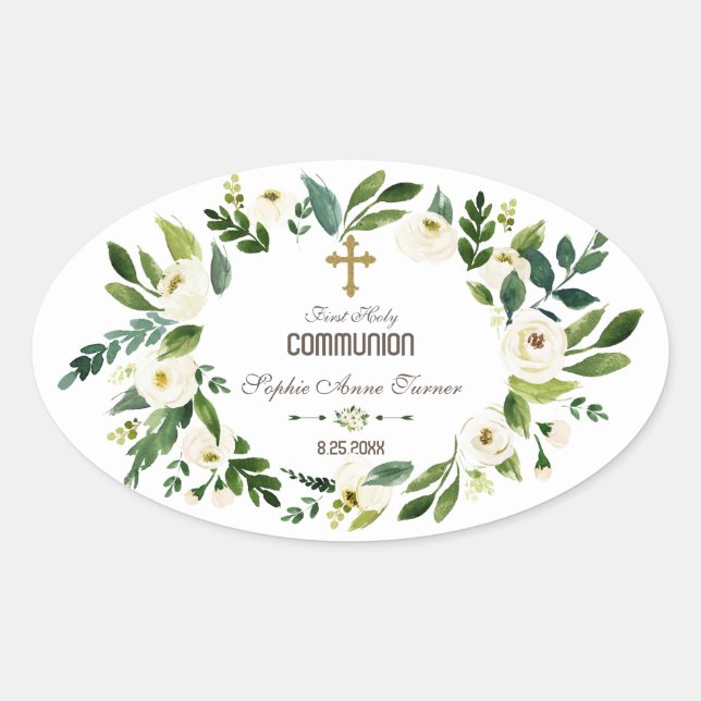Charming White Floral Wreath Holy Communion Oval Sticker (Front)