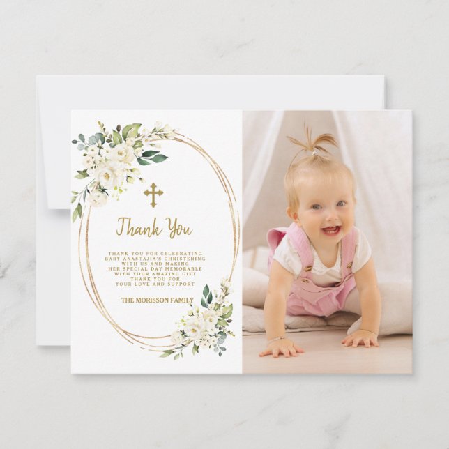 Charming White Flowers Gold Photo Girl Christening Thank You Card (Front)