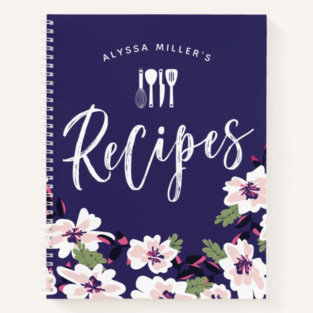 Charming White Flowers Navy Blue Recipes Notebook (Front)