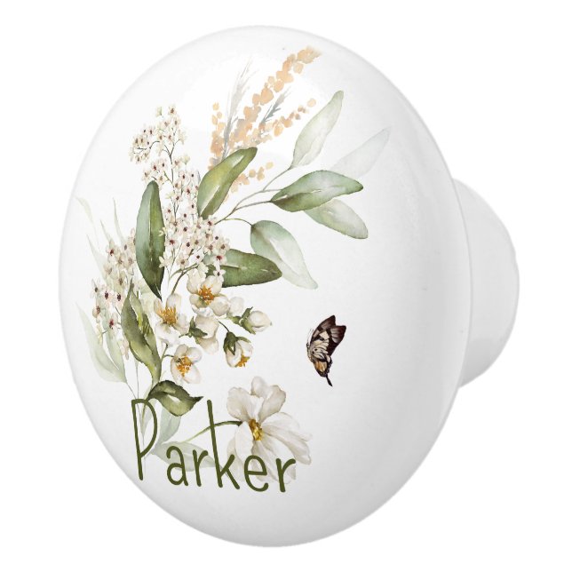 Charming White & Gold, Green Name, Drawer Knob (Right)
