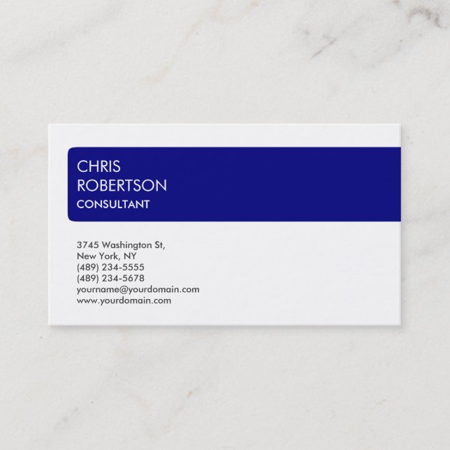 Charming White Navy Blue Attractive Business Card (Front)