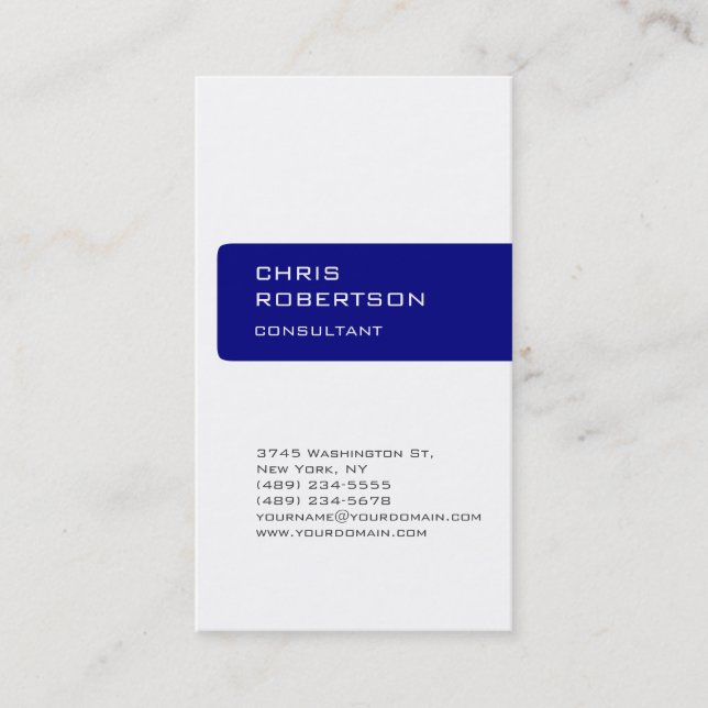 Charming White Navy Blue Attractive Business Card (Front)