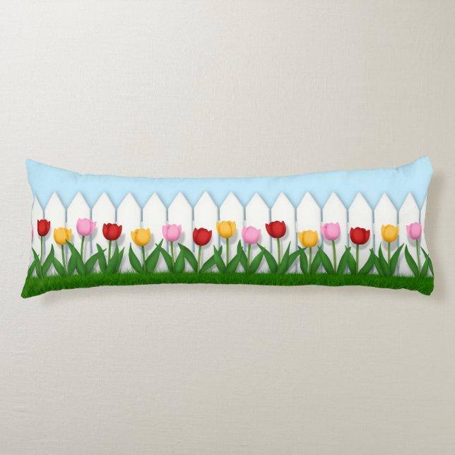 Charming White Picket Fence With Tulips Body Cushion (Front)