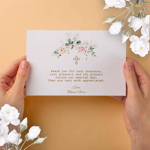Charming White Pink Floral Gold Cross Baptism Thank You Card