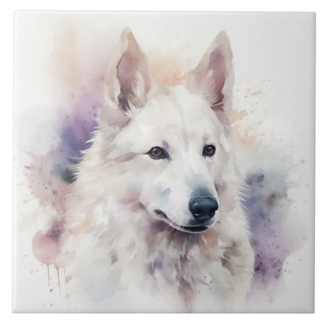 Charming White Sapsali Dog Watercolor Portrait Tile (Front)