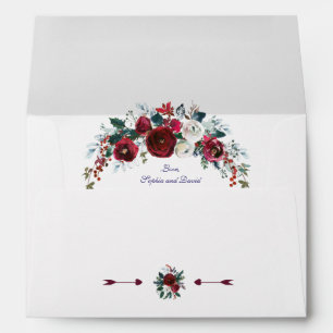 Charming Winter Burgundy Floral Pine Gold Wedding Envelope