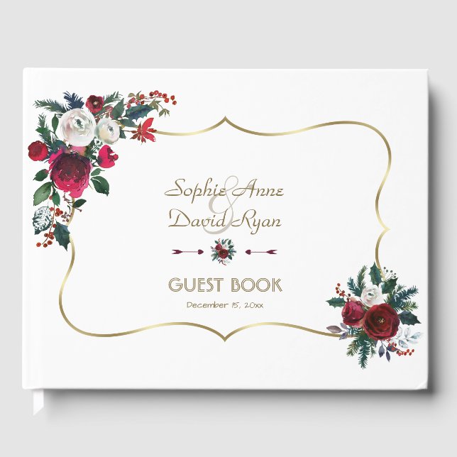Charming Winter Burgundy Floral Pine Gold Wedding Guest Book (Front)