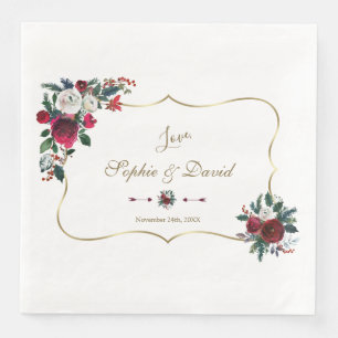 Charming Winter Burgundy Floral Pine Gold Wedding Napkin