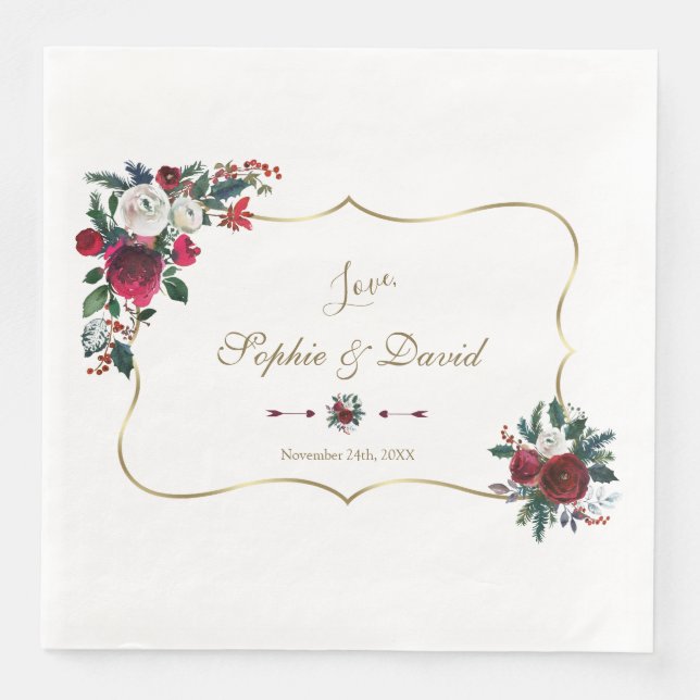 Charming Winter Burgundy Floral Pine Gold Wedding Napkin (Front)