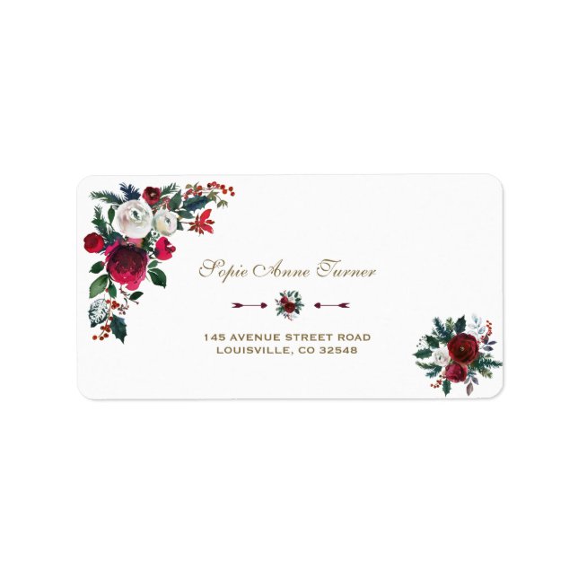 Charming Winter Burgundy Floral Pine Wedding Label (Front)
