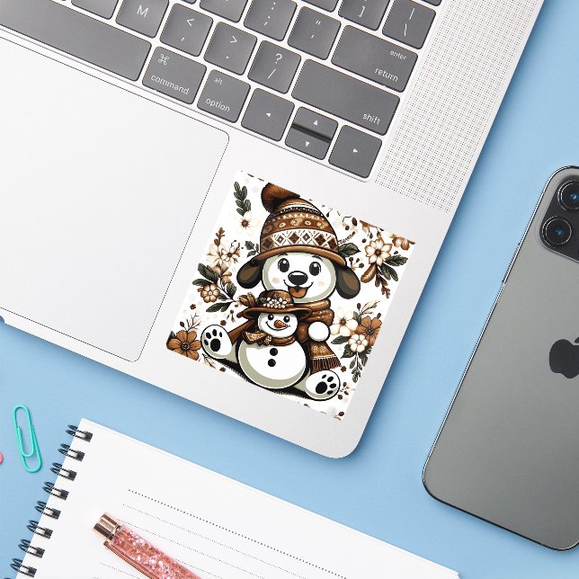 Charming Winter Scene with Dog and Snowman (Laptop w/ iPhone)