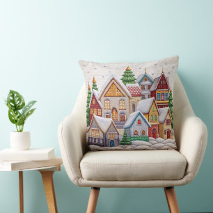 Charming Winter Village Embroidery Throw Pillow