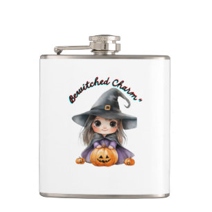 Charming Witch Girl Halloween Decor with Pumpkins Hip Flask