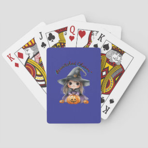 Charming Witch Girl Halloween Decor with Pumpkins Playing Cards