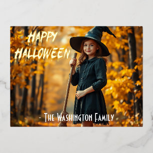 Charming Witch-Themed Halloween Foil Invitation Postcard