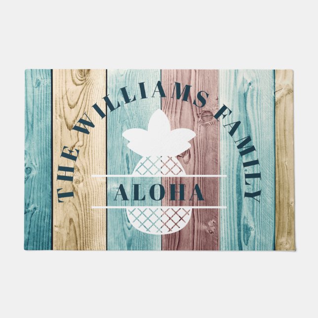 Charming Wood & Pineapple Aloha Family Name Doormat (Front)