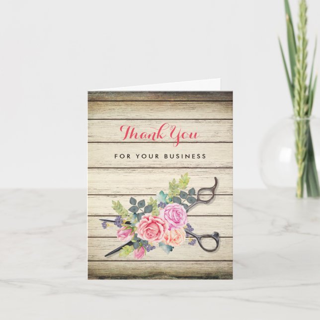 Charming Wood Pink Floral Scissors Hair Salon Thank You Card (Front)