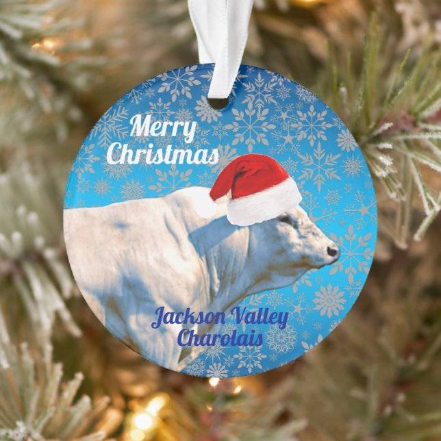 Charolais Bull in Santa Hat Christmas Ornament (Tree)