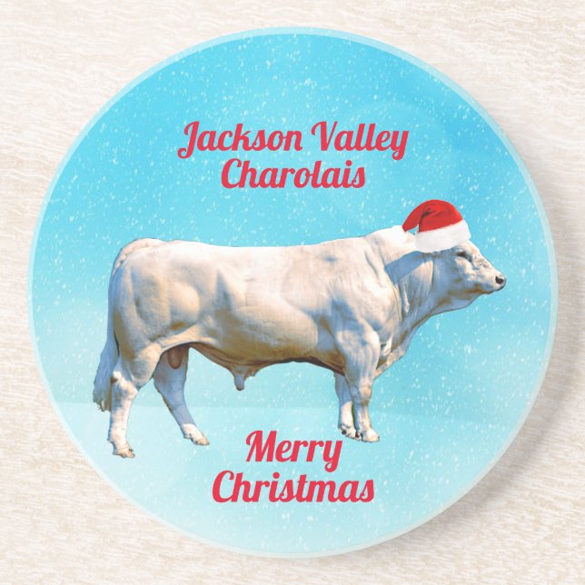 Charolais Bull in Santa Hat   Coaster (Front)