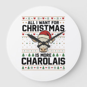 Charolais Christmas Cow Ugly Sweater Vector Design Large Clock