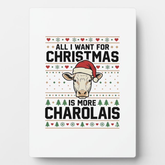 Charolais Christmas Cow Ugly Sweater Vector Design Plaque (Front)