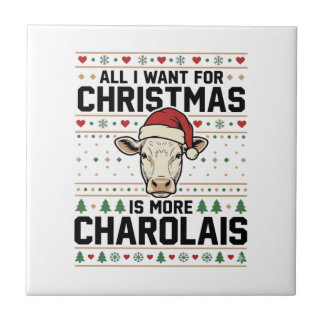Charolais Christmas Cow Ugly Sweater Vector Design Tile