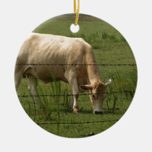 Charolais Cow Grazing in Field Ceramic Tree Decoration