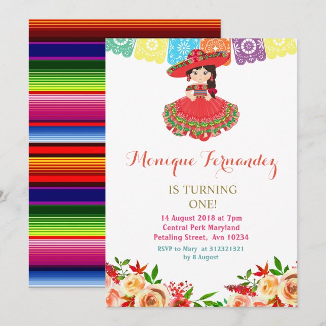Charra Mexican Birthday Invitation Girl (Front/Back)