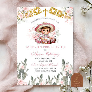 Charra Pink Roses Mexican Bautizo y Primer Anito Invitation