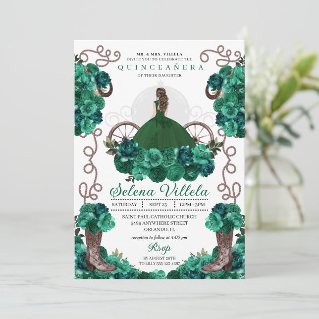 Charra Princess Green Floral Boots Quinceañera Invitation (Standing Front)