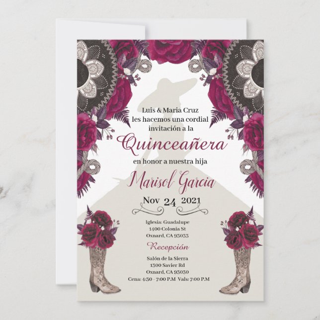 Charra Quinceanera Invitation, Burgundy Mariachi (Front)