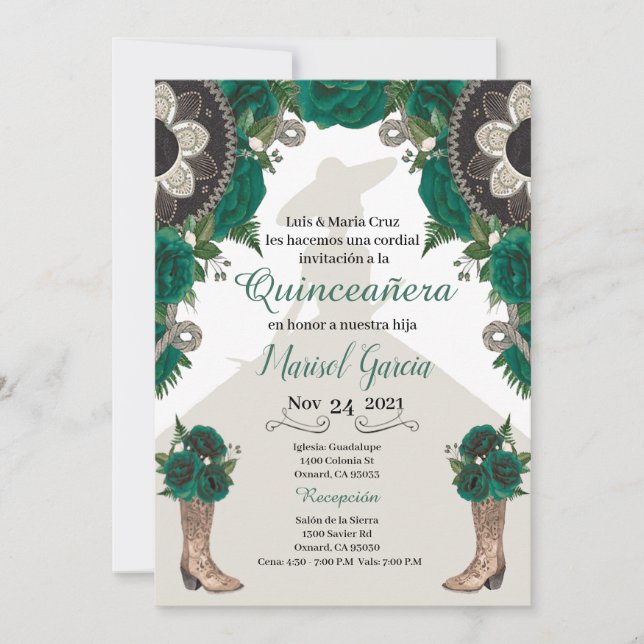 Charra Quinceanera Invitation, Green Gold Mariachi (Front)