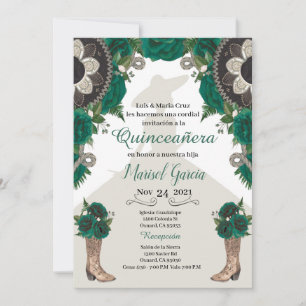 Charra Quinceanera Invitation, Green Gold Mariachi
