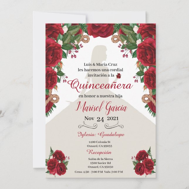 Charra Quinceanera Invitation, Red Roses  Western  (Front)