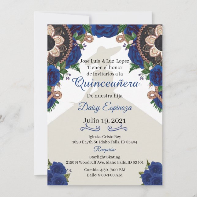 Charra Quinceanera Invitation, Royal blue Mariachi Invitation (Front)