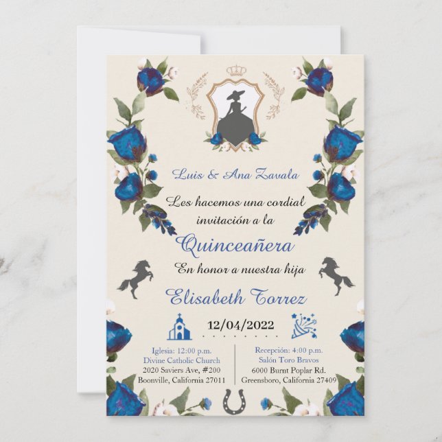 Charra Royal Blue invitation, Charro Western  (Front)