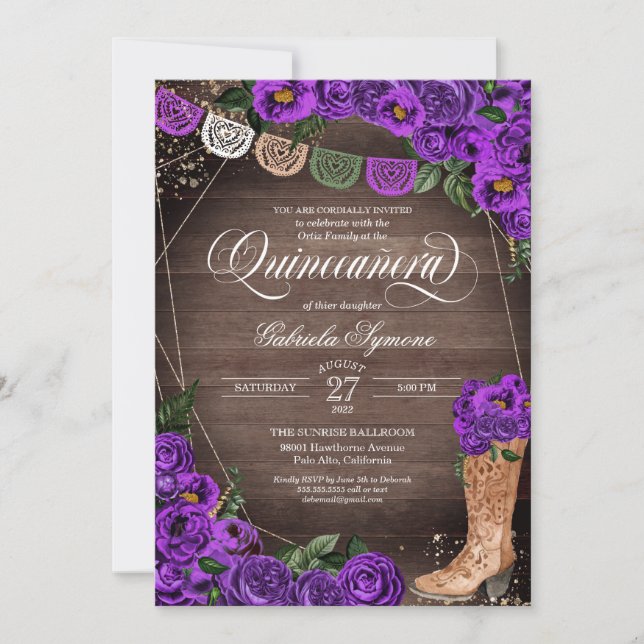 Charra Rustic Cowgirl Boot Purple Rose Quinceañera Invitation (Front)