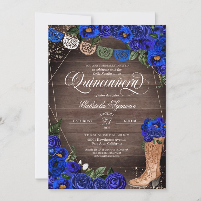 Charra Rustic Cowgirl Boots Blue Roses Quinceañera Invitation (Front)