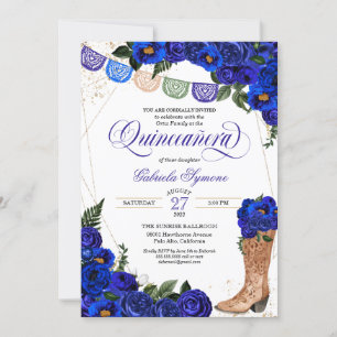 Charra Rustic Cowgirl Boots Blue Roses Quinceañera Invitation