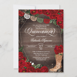 Charra Rustic Cowgirl Boots Red Roses Quinceañera Invitation