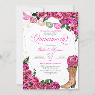 Charra Rustic Cowgirl Pink Rose Quinceañera Invita Invitation