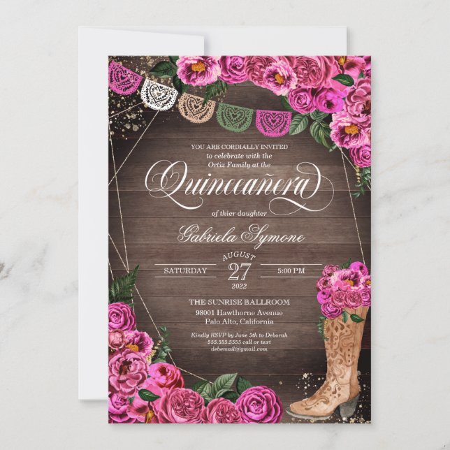 Charra Rustic Cowgirl Pink Rose Quinceañera Invitation (Front)