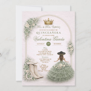 Charra Western Quince Sage Green Quinceañera Girl Invitation
