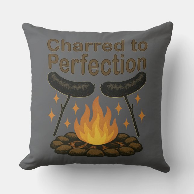 Charred to Perfection Funny Campfire Hot Dog Cushion (Front)