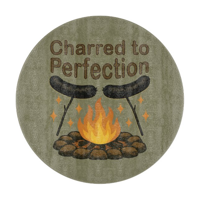Charred to Perfection Funny Campfire Hot Dog Cutting Board (Front)