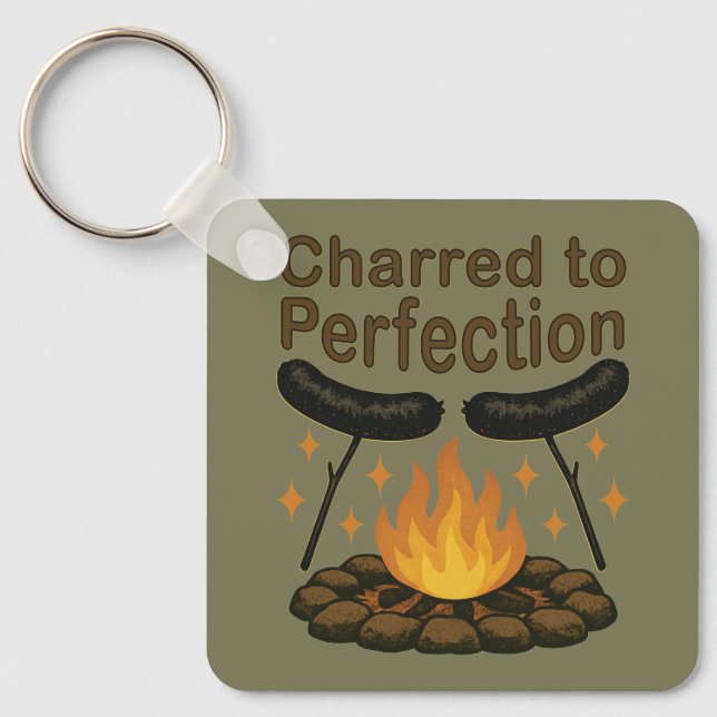 Charred to Perfection Funny Campfire Hot Dog Key Ring (Front)