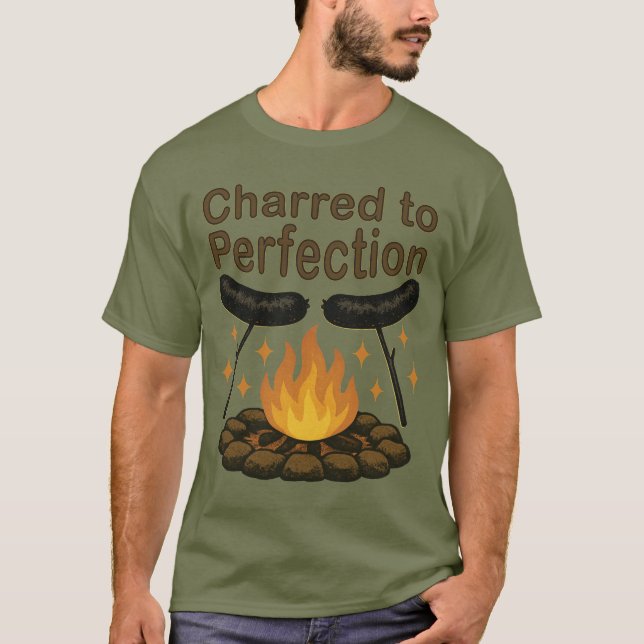 Charred to Perfection Funny Campfire Hot Dog T-Shirt (Front)