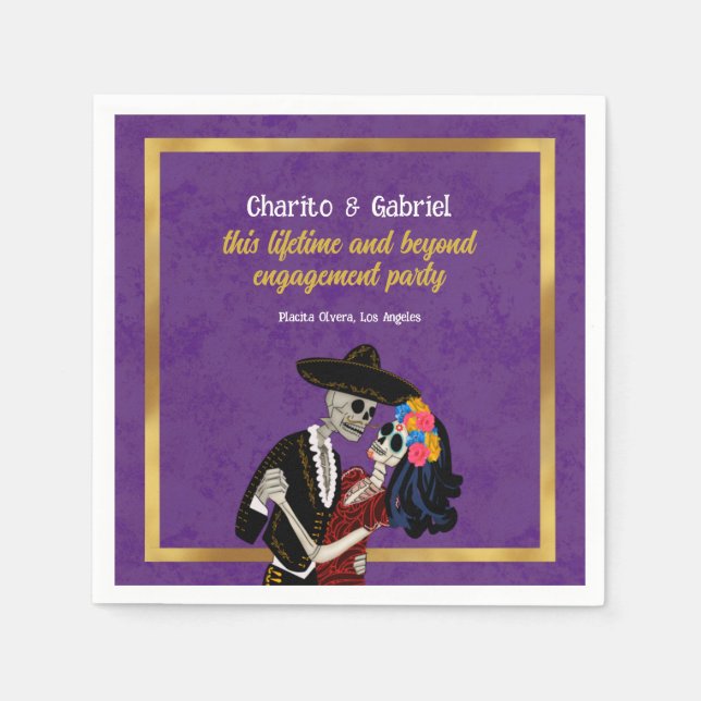 Charro and Catrina Sugar Skulls Dancing Purple Napkin (Front)