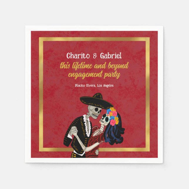 Charro and Catrina Sugar Skulls Dancing Red Napkin (Front)